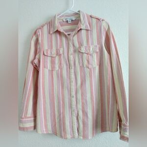 Chadwicks Real Comfort Linen Blend Striped Shirt Long Sleeve Medium Chest 36"